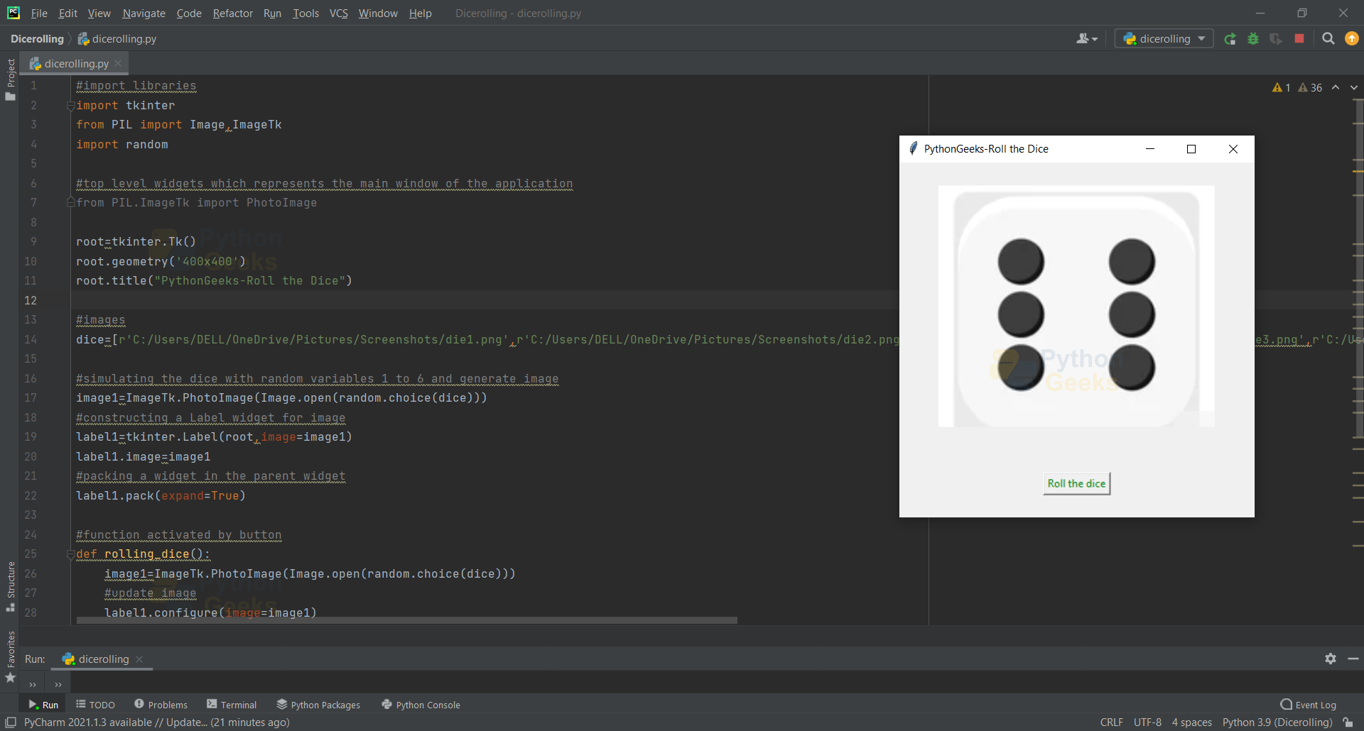 Dice Rolling Simulator Python Project - Studytonight